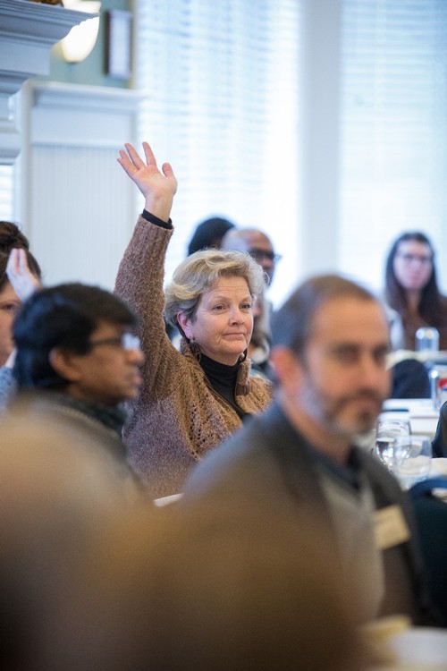 A participant raising her hand for a question